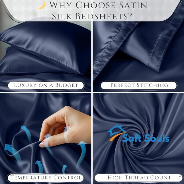 SOFT SOULS Satin Bedsheet Double Bed – Premium Satin Silk Bedsheet for Couples (Navy Blue) - Image 3