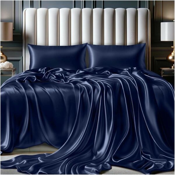 SOFT SOULS Satin Bedsheet King Size Bed – Premium Satin Silk Bedsheet (Navy Blue) - Image 3