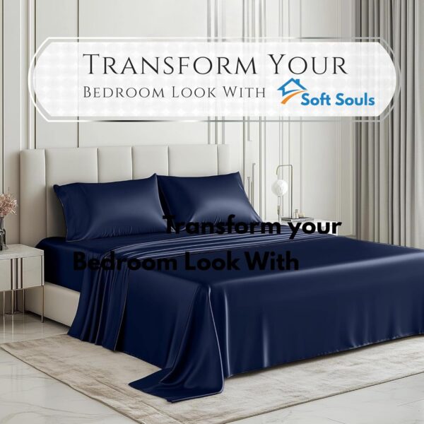 SOFT SOULS Satin Bedsheet Double Bed – Premium Satin Silk Bedsheet for Couples (Navy Blue) - Image 8