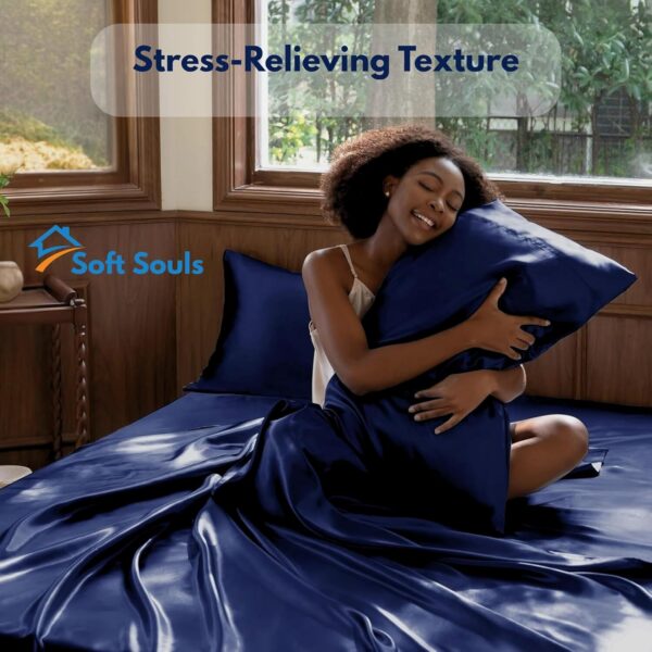 SOFT SOULS Satin Bedsheet Double Bed – Premium Satin Silk Bedsheet for Couples (Navy Blue) - Image 7